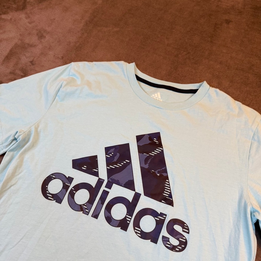 Adidas Graphic T-Shirt‎  Boys XL 18/20 Light Blue Camo Logo AA7005 Cotton Tee